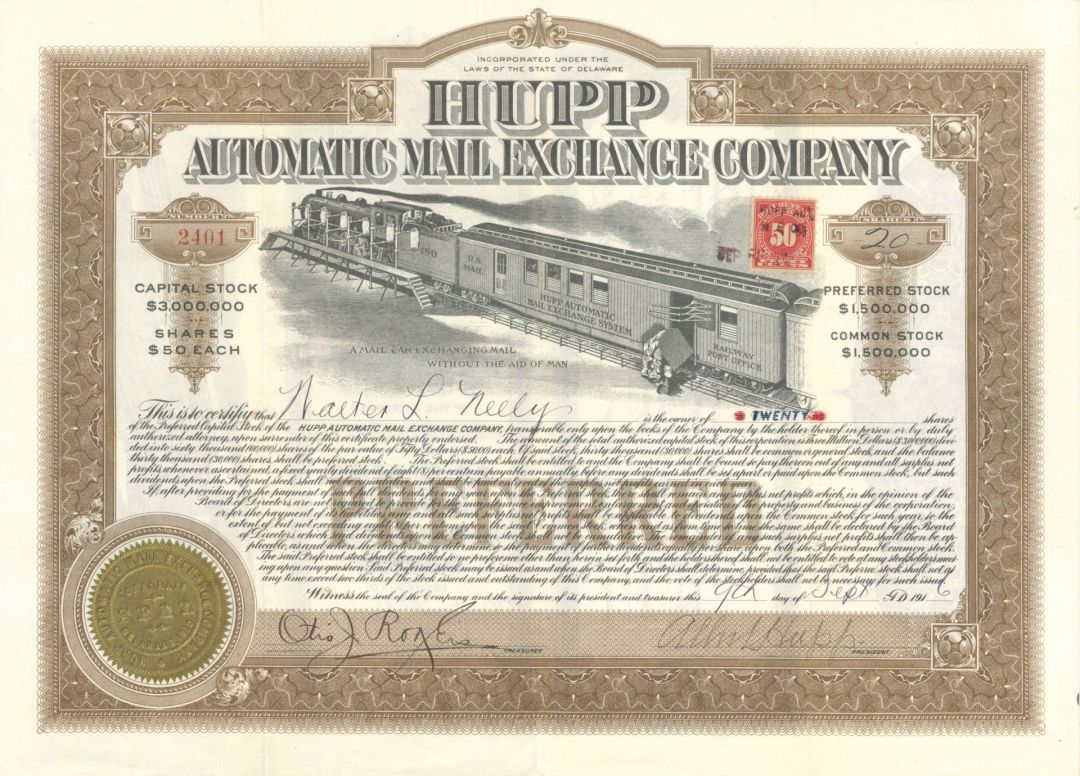 Hupp Automatic Mail Exchange Co. Signed by Albert Hupp - Autographed Stocks and Bonds