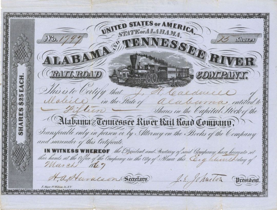 Alabama and Tennessee River Railroad Co. Signed by J.E. Johnston - Autographed Stocks and Bonds