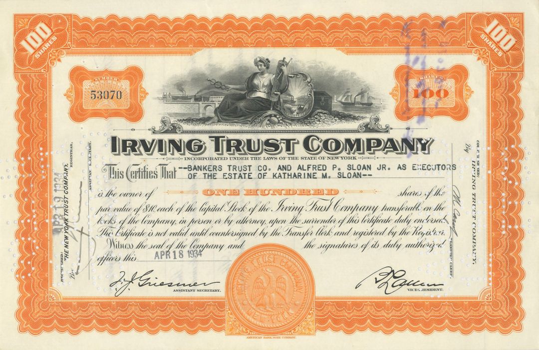 Irving Trust Co. Issued to but not Signed by Alfred P. Sloan Jr. - 1934 dated Banking Stock Certificate