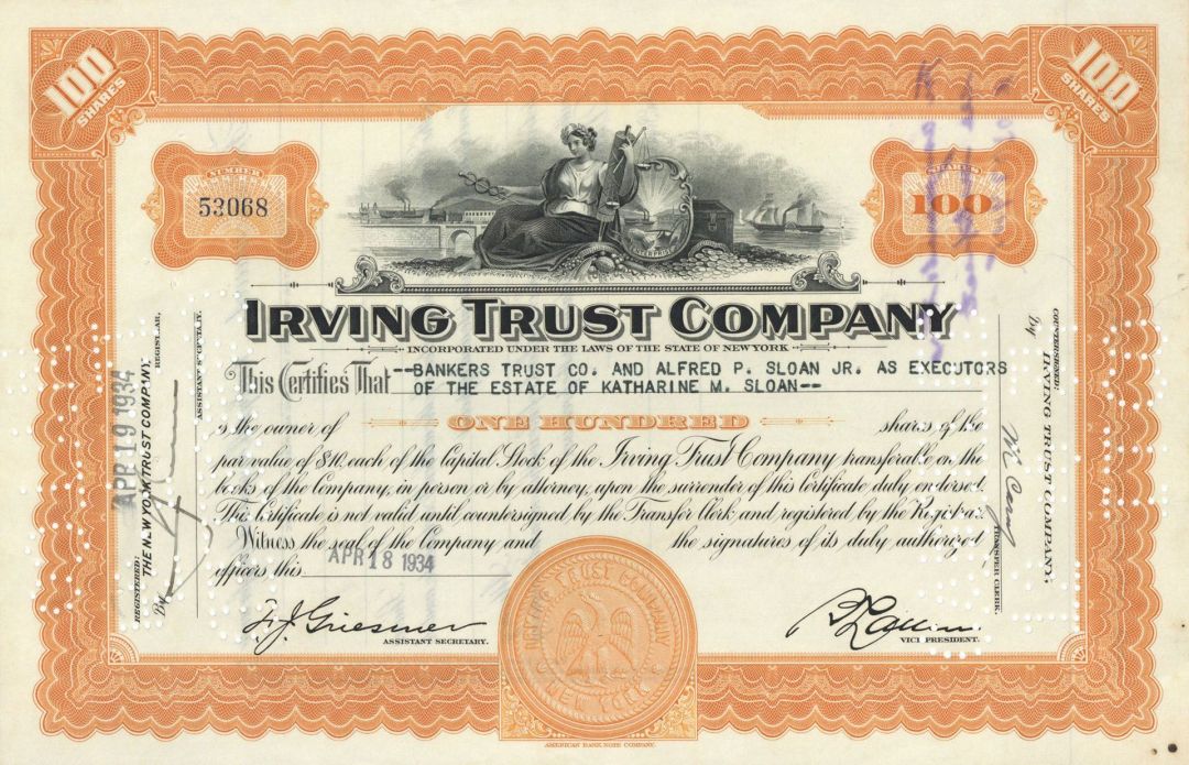 Irving Trust Co. Issued to but not Signed by Alfred P. Sloan Jr. - 1934 dated Banking Stock Certificate