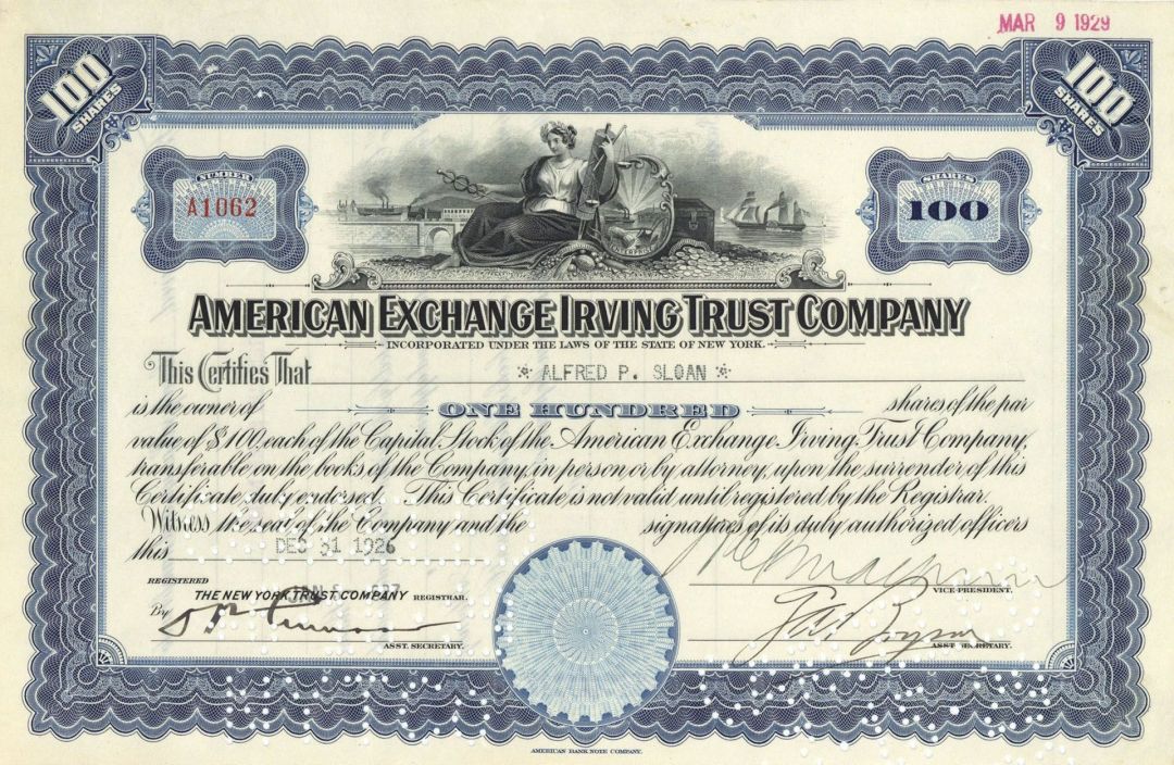American Exchange Irving Trust Co. Issued to not Signed by Alfred P. Sloan Jr. - Autographed Stocks and Bonds