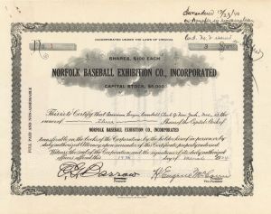Norfolk Baseball Exhibition Co. Inc. signed by E.G. Barrow - Autographed Stock