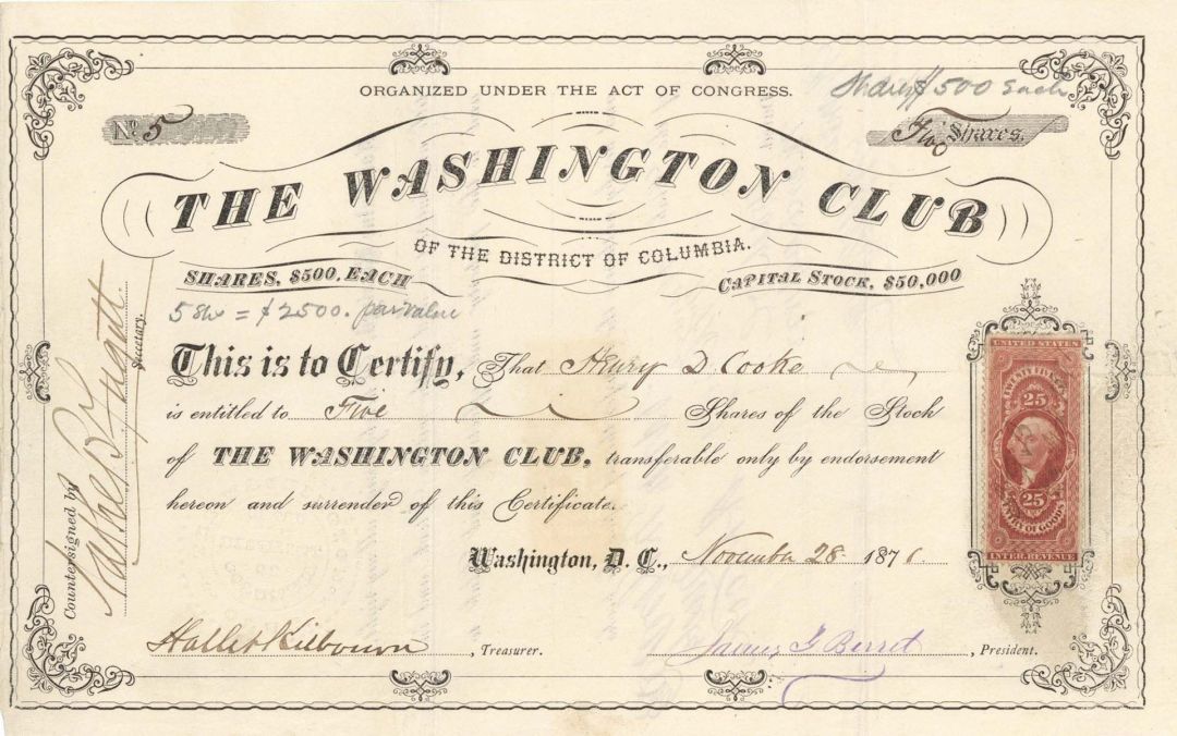 Washington Club of the District of Columbia signed by Henry D. Cooke - Autographed Stock Certificate