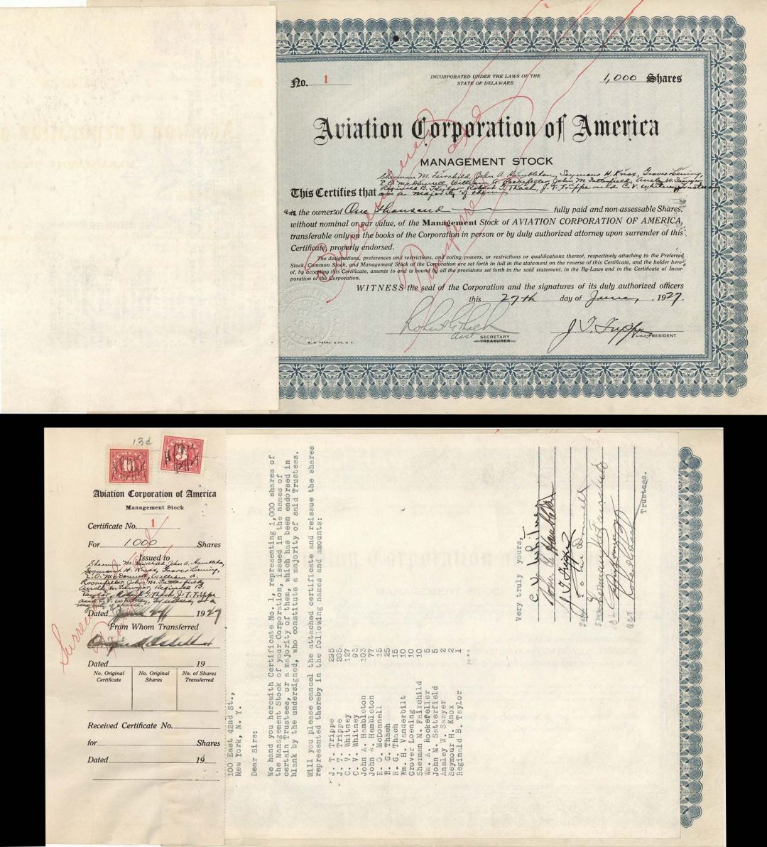 Aviation Corporation of America signed by Juan T. Trippe - Certificate #1 - Autographed Stock