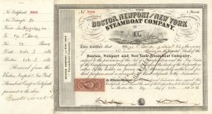 Boston, Newport and New York Steamboat Co. Signed by Oliver Ames - Stock Certificate