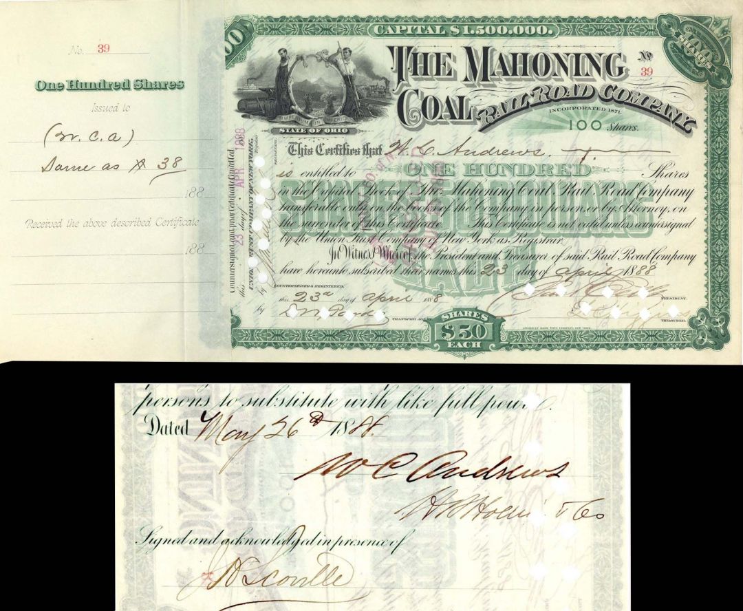 Mahoning Coal Railroad Co. Issued to and Signed by W.C. Andrews  - Stock Certificate