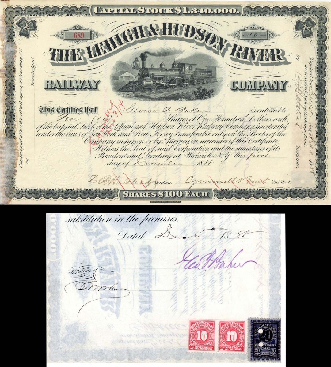 Lehigh and Hudson River Railway Co. Issued to and Signed by Geo. F. Baker - Stock Certificate