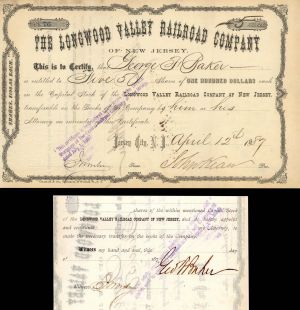 Longwood Valley Railroad Co. Issued to and Signed by George F. Baker - Stock Certificate