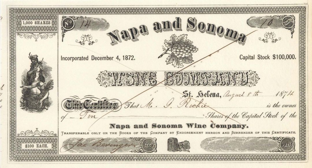 Jacob Beringer Signed Napa and Sonoma Wine Co. - Stock Certificate