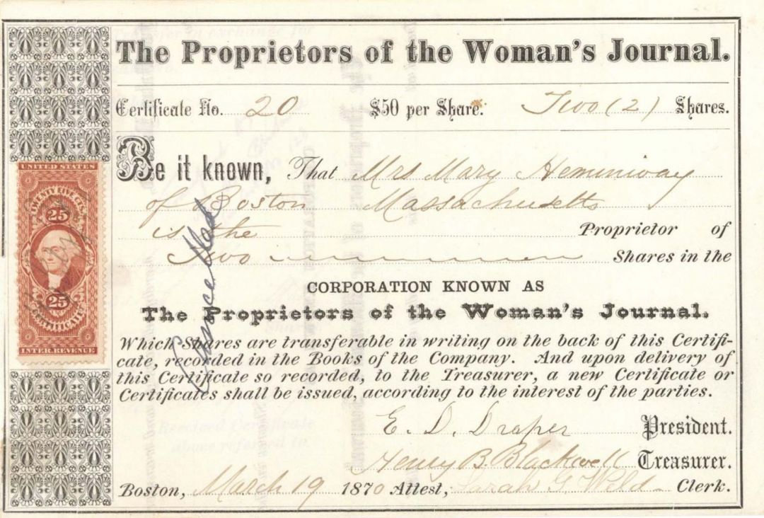 Proprietors of the Women's Journal Signed by Henry B. Blackwell - Stock Certificate