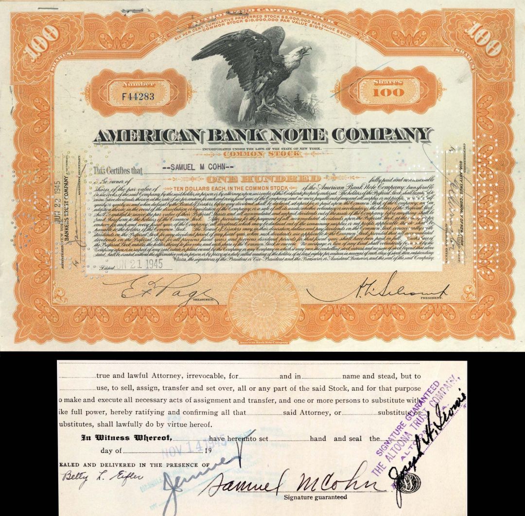 American Bank Note Co.- Issued to and Signed by Samuel M. Cohn - Stock Certificate