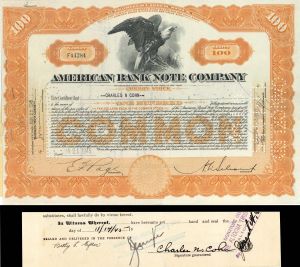 American Bank Note Co.- Issued to and Signed by Charles N. Cohn - Stock Certificate