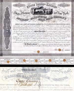 Rutland and Washington Railroad Co $1,000 Bond signed by Erastus Corning - Autograph