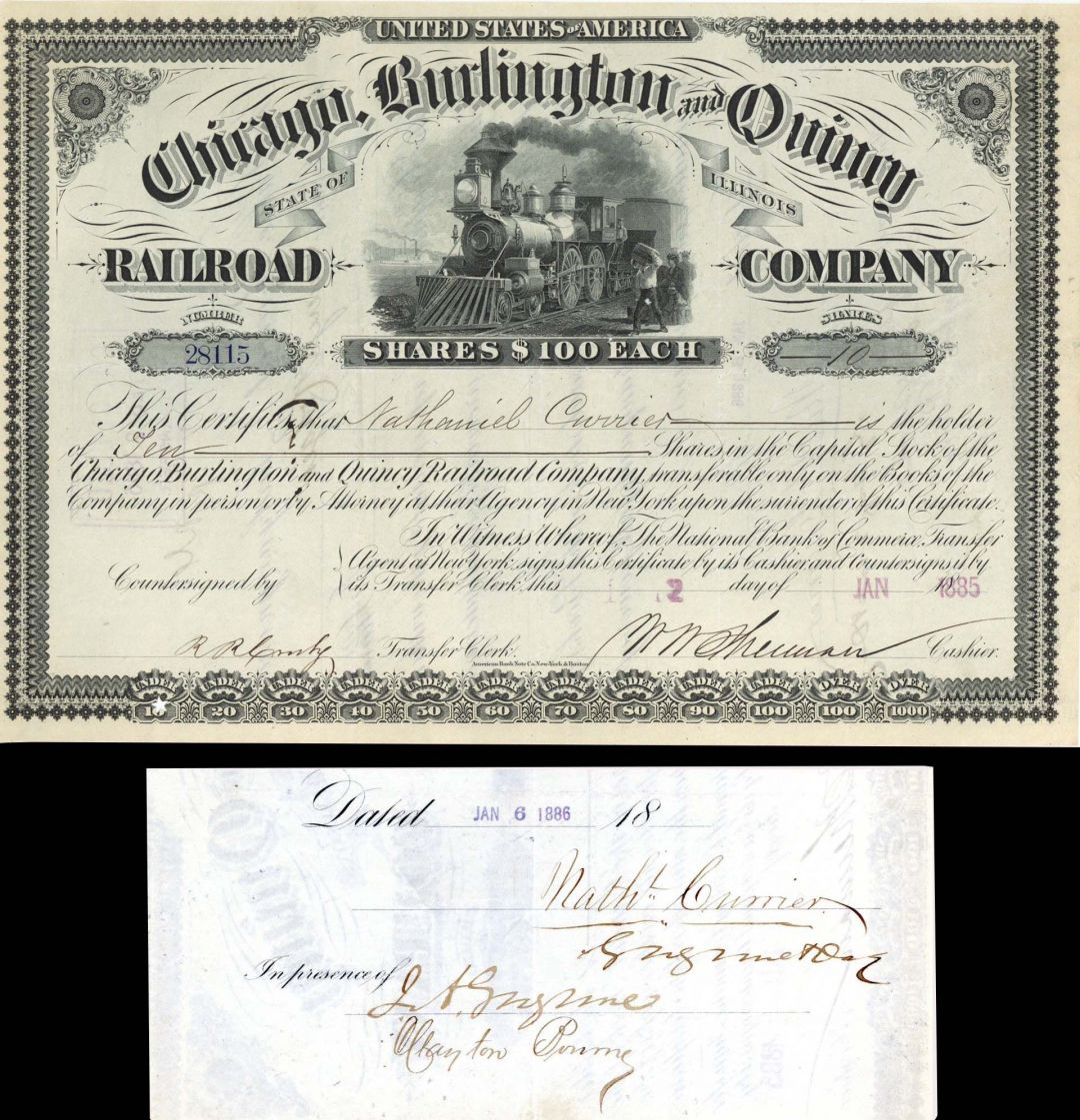 Chicago, Burlington and Quincy Railroad Co. Issued to and Signed by Nathaniel Currier - Autograph