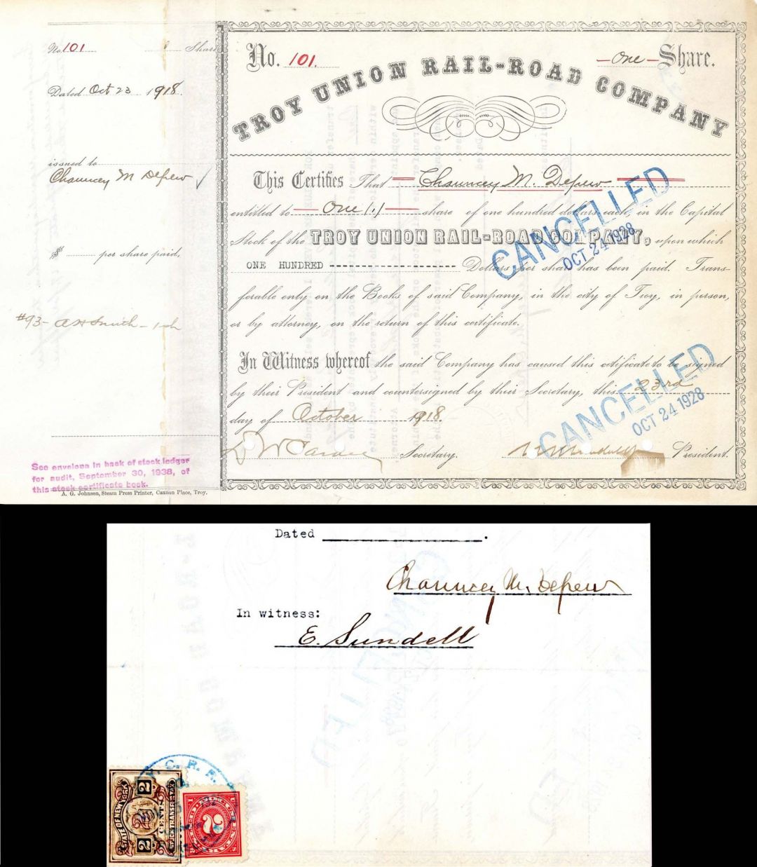 Troy Union Rail-Road Co. Issued to and Signed by Chauncey Depew and William K Vanderbilt - Stock Certificate