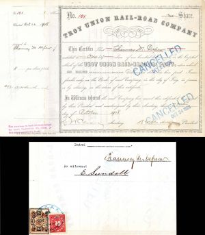 Troy Union Rail-Road Co. Issued to and Signed by Chauncey Depew and Wm. K Vanderbilt - Stock Certificate