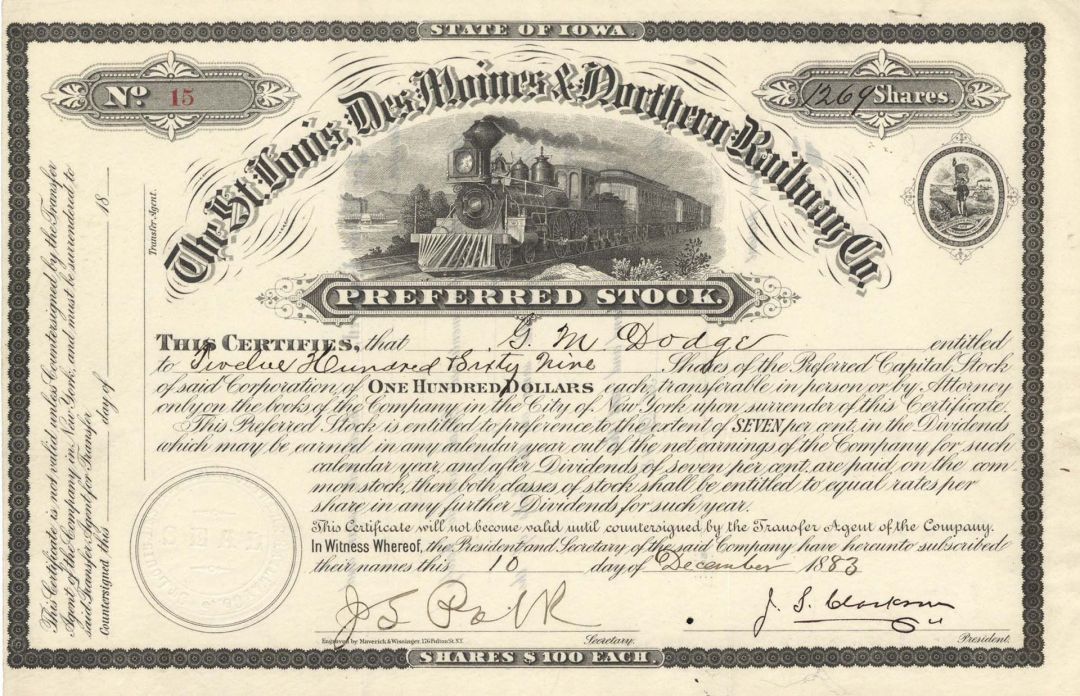 St. Louis, Des Moines and Northern Railway Co. Issued to G. M. Dodge - Stock Certificate