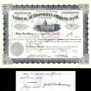 National Metropollitan Citizens Bank of Washington Issued to and Signed by Joseph Wilson Duncan - Stock Certificate