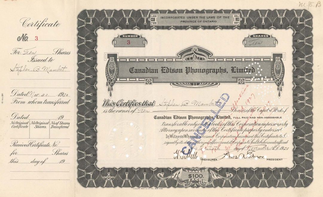Canadian Edison Phonographs, Limited signed by Thos. A. Edison - Stock Certificate