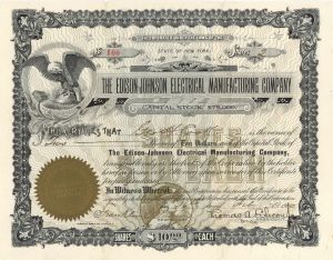  Edison-Johnson Electrical Manufacturing Co. signed by Thos. A. Edison Junior - Stock Certificate