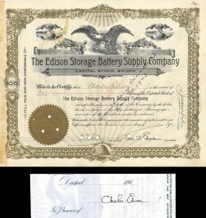 Edison Storage Battery Supply Co. Issued to Charles Edison and Signed by Charles and Thomas Edison - 1916 dated Autograph Stock Certificate