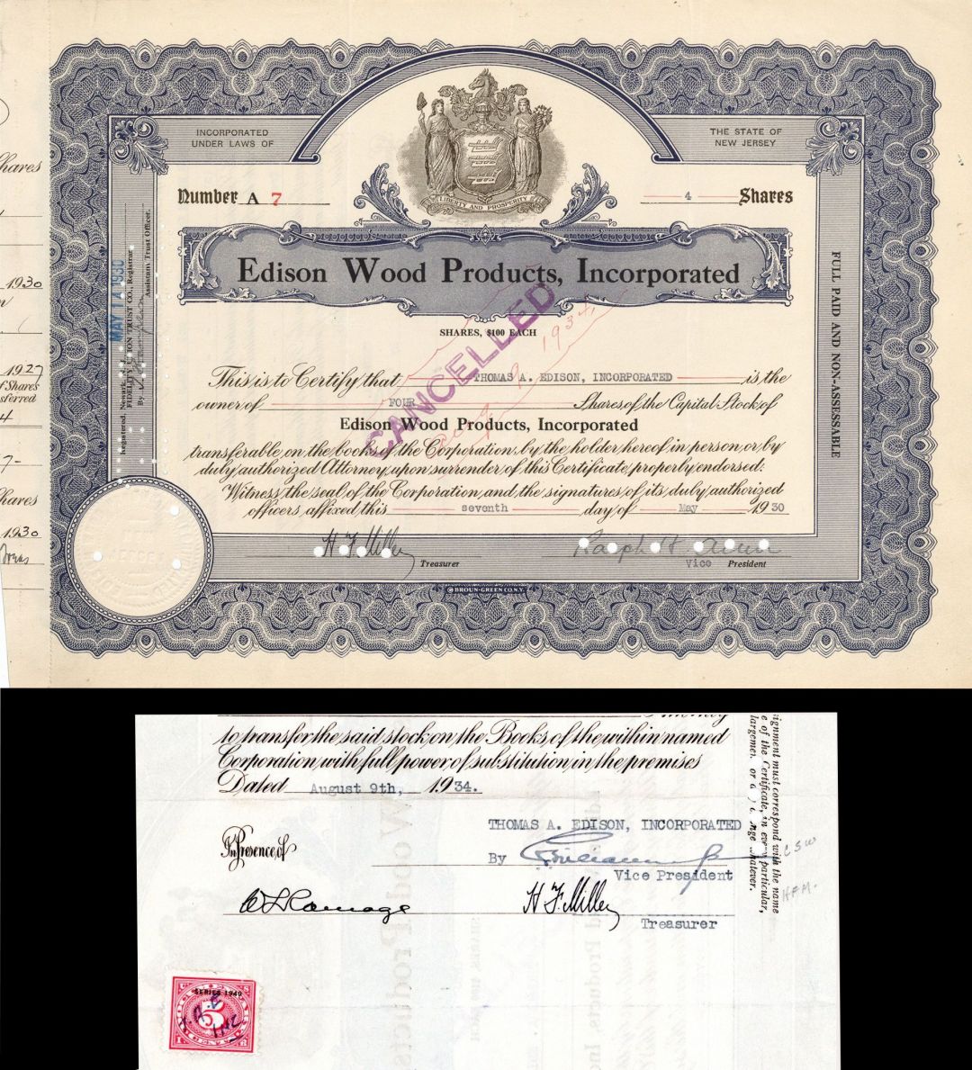  Edison Wood Products, Inc. Issued to Thomas A. Edison, Incorporated - Stock Certificate