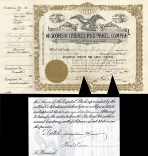 Wisconsin Cabinet & Panel Co. Issued to Thomas A. Edison and signed twice - Autograph Stock Certificate