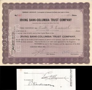 Irving Bank-Columbia Trust Co. Issued to and Signed by Victor F. Emanuel - 1923 dated Banking Stock Certificate