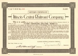 Illinois Central Railroad Co. signed by Stuyvesant Fish - $1,000 Bond