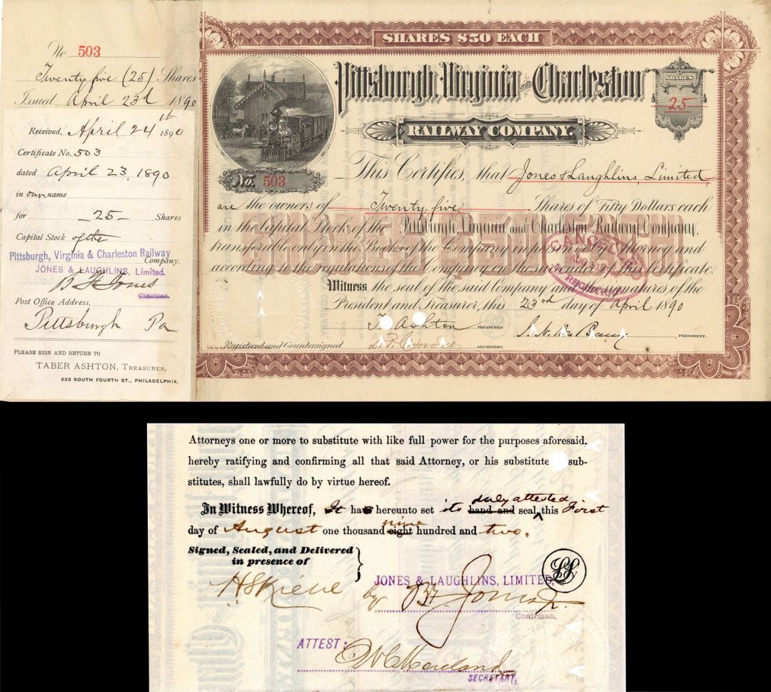 Pittsburgh, Virginia and Charleston Railway Co. signed by Benjamin Franklin Jones - Stock Certificate