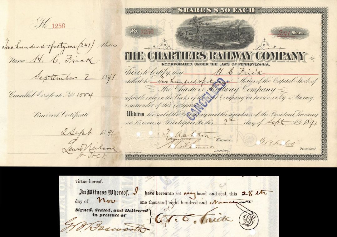 Chartiers Railway Co. Issued to and Signed by Henry C. Frick - Stock Certificate