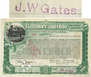Baltimore and Ohio Railroad Co. Transferred to John W. Gates - "Bet-A-Million" Gates - 1899 dated Railway Stock Certificate