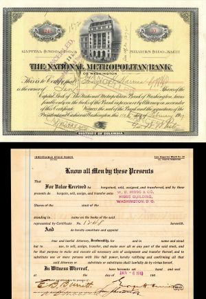 National Metropolitan Bank of Washington Issued to and  Signed by George H. Harries - Stock Certificate 