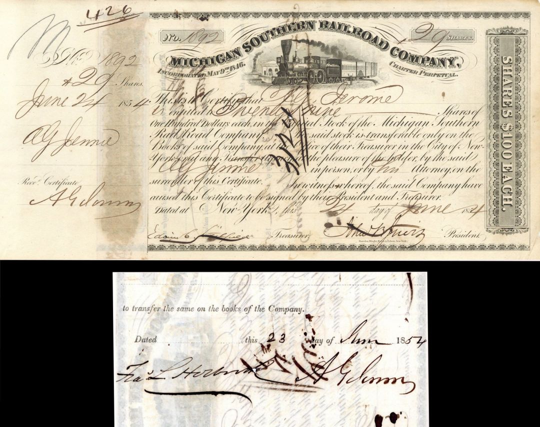 Michigan Southern Railroad Co. Issued to and Signed by A.G. Jerome twice - 1854 or 1856 Autographed Stock Certificate
