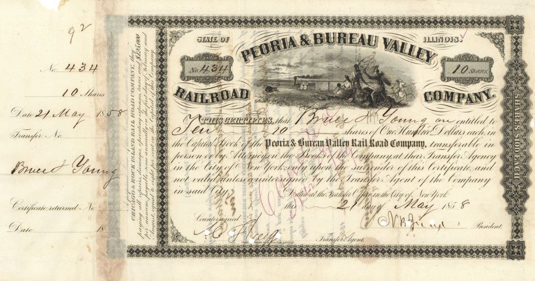 Peoria and Bureau Valley Railroad Co. Signed by N.B. Judd - Stock Transfer