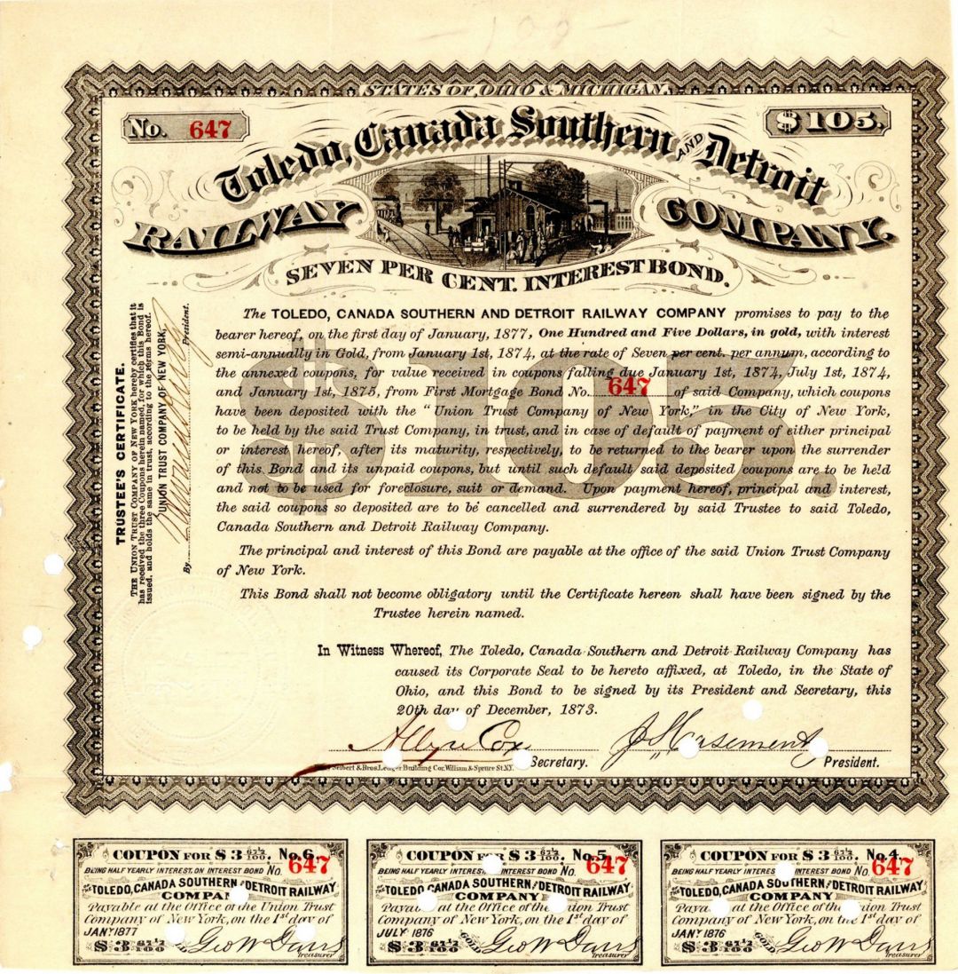 Toledo, Canada Southern and Detroit Railway Co. Signed by Edward King  - $105 Bond