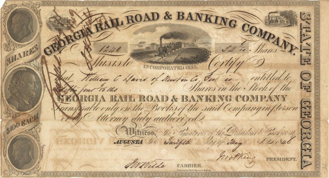 Georgia Rail Road and Banking Co. Signed by John P. King  - Autograph Stock Certificate