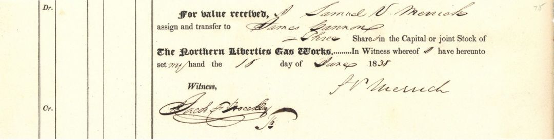 Northern Liberties Gas Works Signed by S.V. Merrick  - Stock Certificate