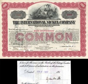 International Nickel Co. signed by Ogden Mills - 1916 dated Stock Certificate