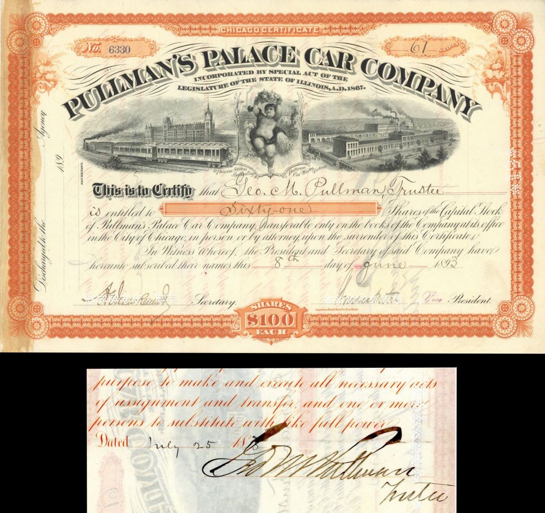 Pullman's Palace Car Co. Issued to/Signed by Geo. M. Pullman, Trustee - Autograph Stock Certificate