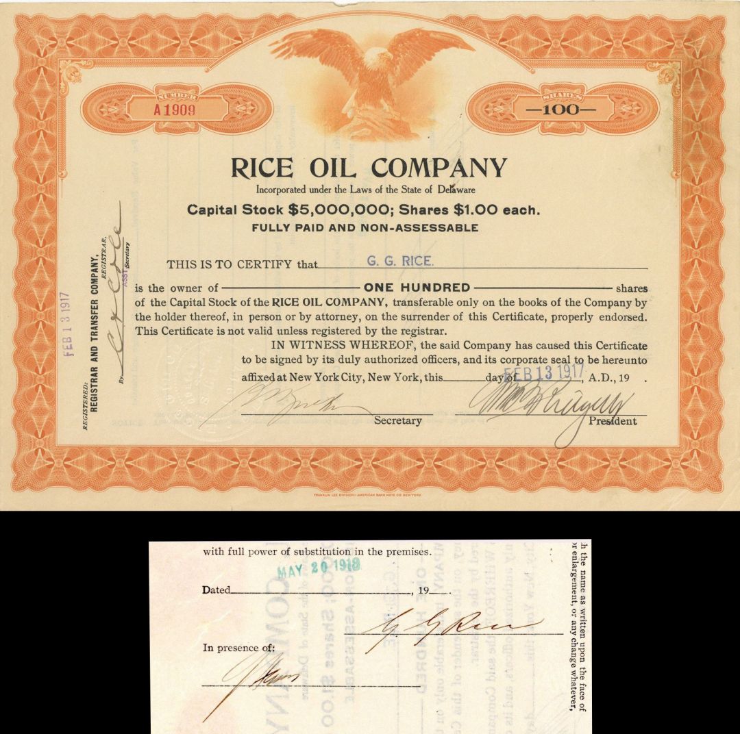 Rice Oil Co. Issued to and Signed by G.G. Rice - Stock Certificate
