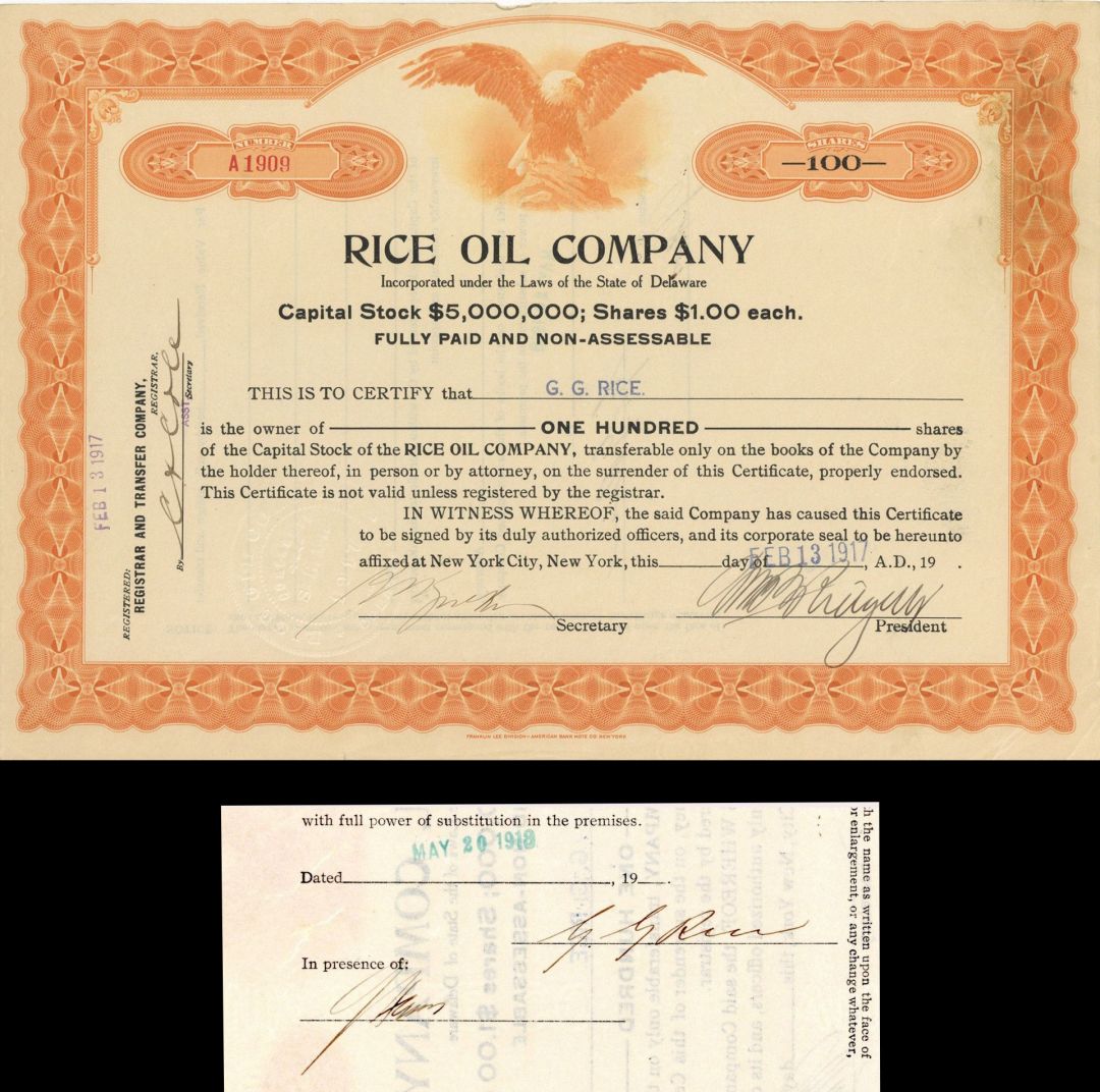 Rice Oil Co. Issued to and Signed by G.G. Rice - 1917 dated Stock Certificate