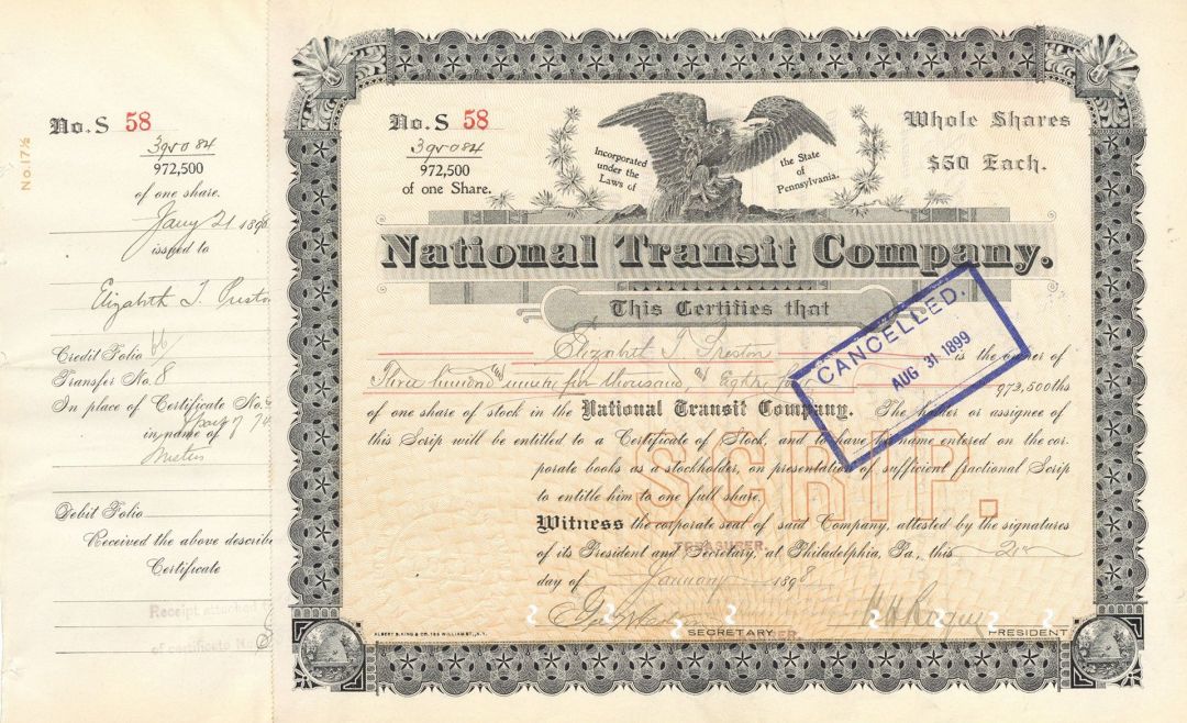 National Transit Co. Signed by H.H. Rogers - Stock Certificate 