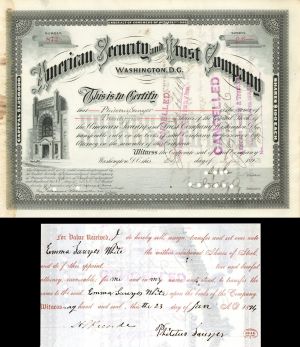 American Security and Trust Co. Issued to and Signed by Philetus Sawyer - Stock Certificate 