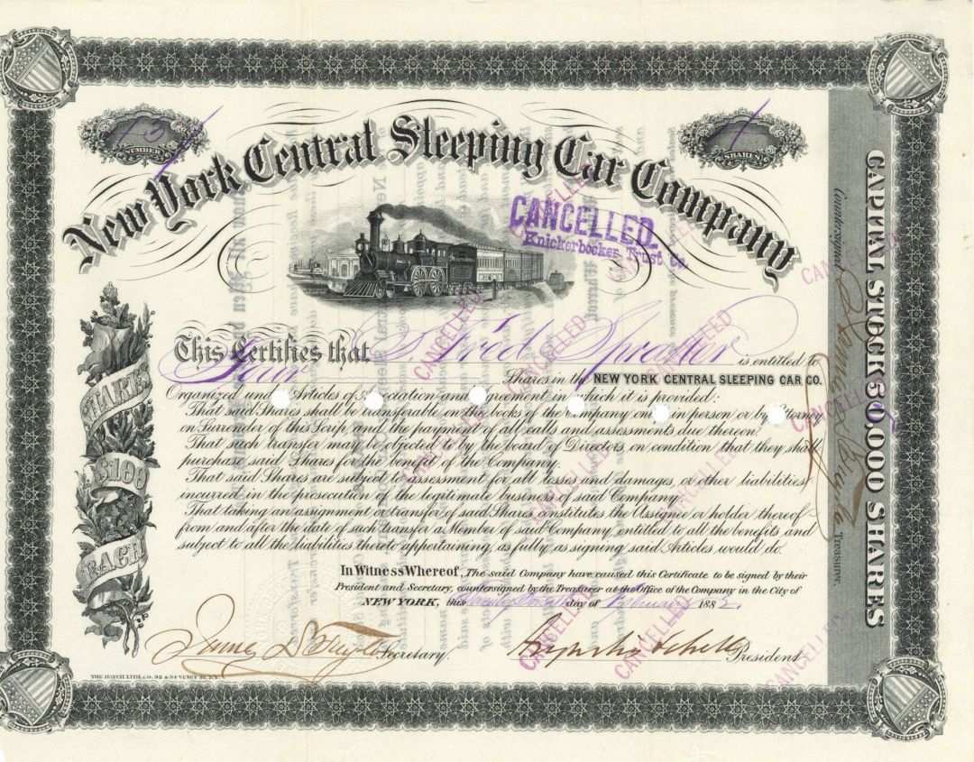 New York Central Sleeping Car Co. Signed by Augustus Schell - Stock Certificate