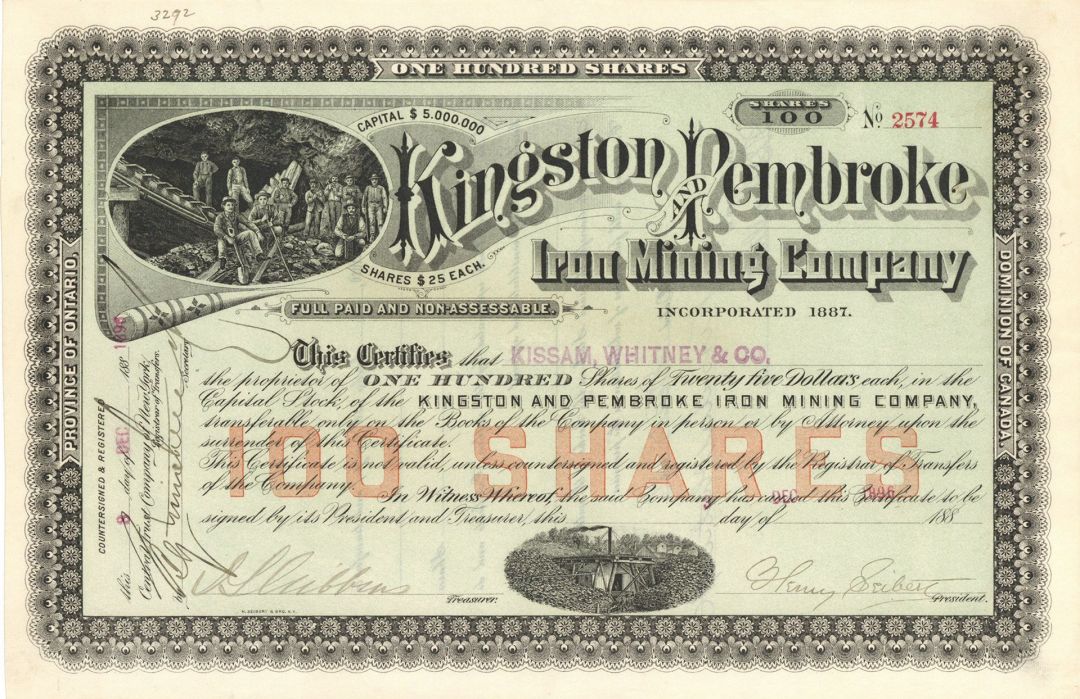 Kingston and Pembroke Iron Mining Co. Signed by Henry Seibert - 1896 dated Mining Stock Certificate