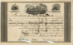Baltimore and Ohio Rail Road Co. signed by Thomas Swann - Stock Certificate