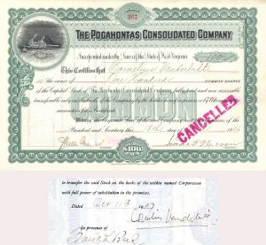 Pocahontas Consolidated Co. signed by Cornelius Vanderbilt III - 1906 dated Autograph Stock Certificate