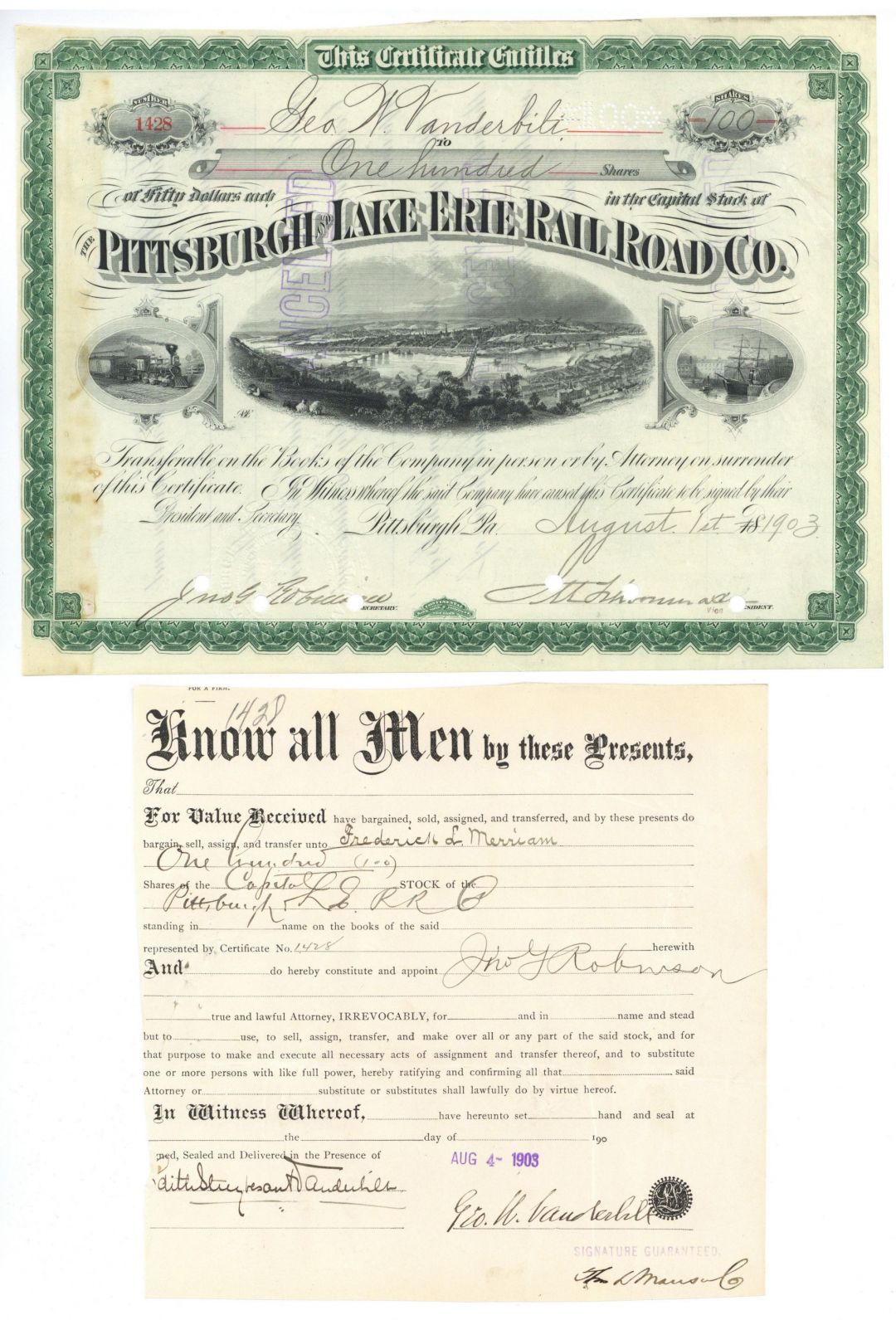 Issue to & Signed by George W. Vanderbilt II on Pittsburgh & Lake Erie Railroad Co. - 1903 dated Autograph Stock Certificate
