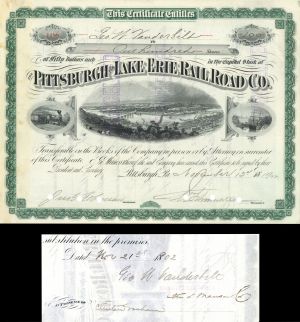 Pittsburgh and Lake Erie Railroad Co. Issue to and Signed by George W. Vanderbilt II - Stock Certificate